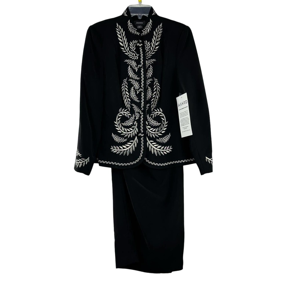Ashro Skirt Suit Black Embroidered Size 12 Midi Length Church Evening Cocktail